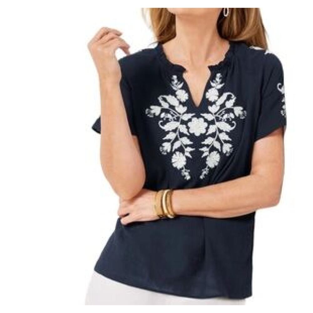 Talbots Navy Blue Gauze Embroidered Blouse Womens M Boho 100% Cotton